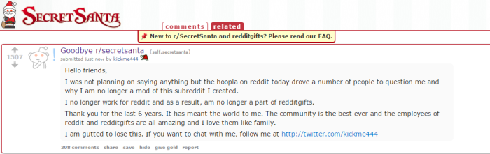 Reddit Secret Santa announces his firing on Reddit