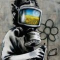 Banksy gas mask via Banksy on Facebook