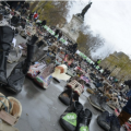 Early Sunday morning, activists with Avaaz set out a sea of donated shoes in the Place de la République, representing the thousands who were outlawed from marching in the streets. (Photo: Joe Solomon)